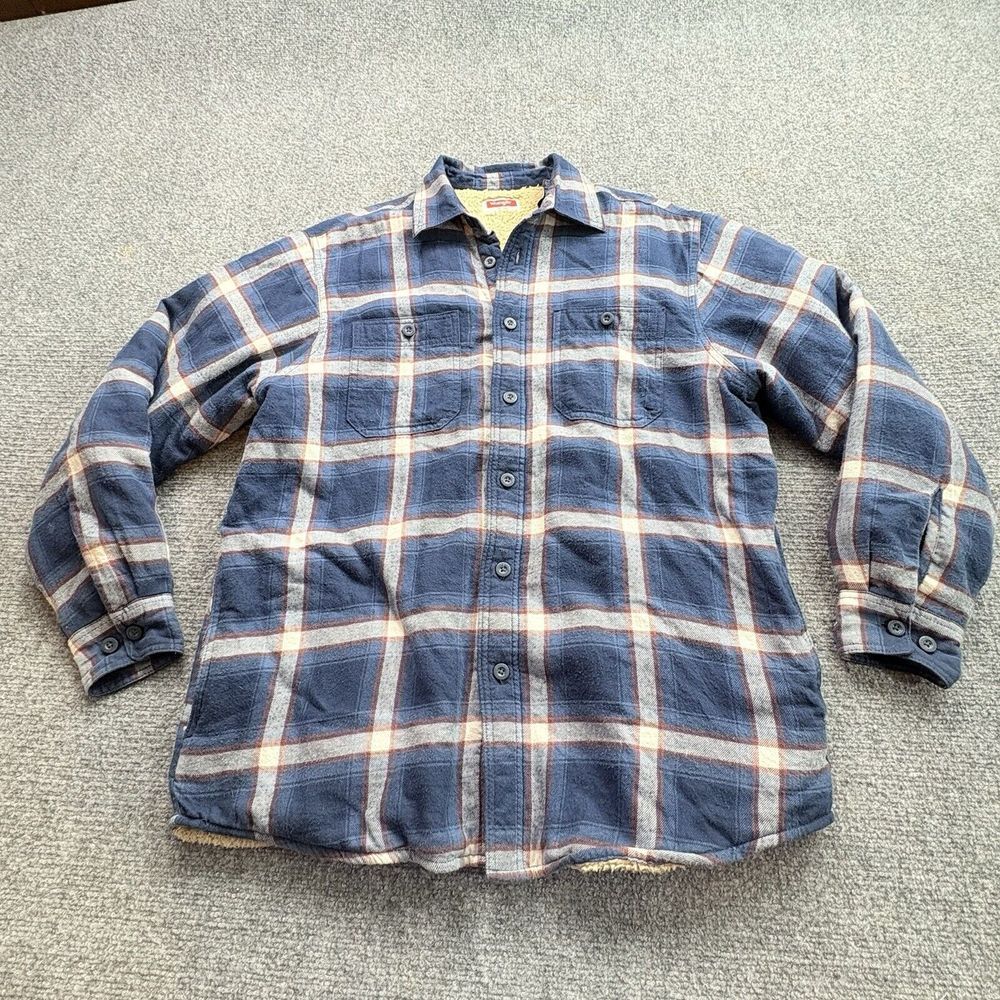 Wrangler Jacket Mens Medium Blue Plaid Flannel Shacket Sherpa Lined Shirt Chore
